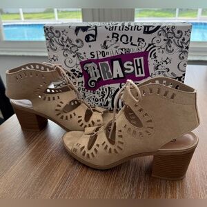 Brash Tasha Tan Suede Lace-Up Cutout Block Heel Sandals Size 10